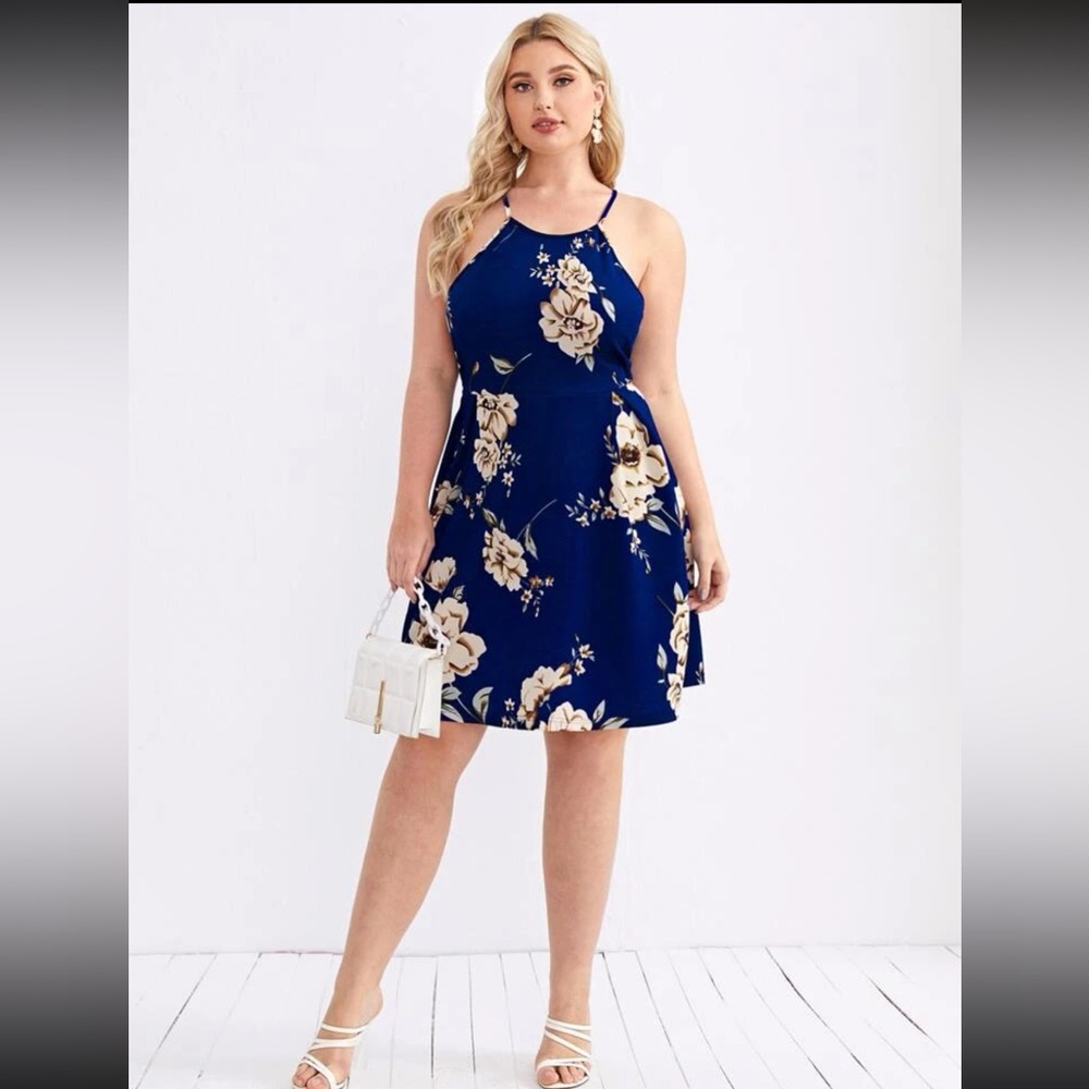 Plus guipure lace zipper open back floral print slip dress